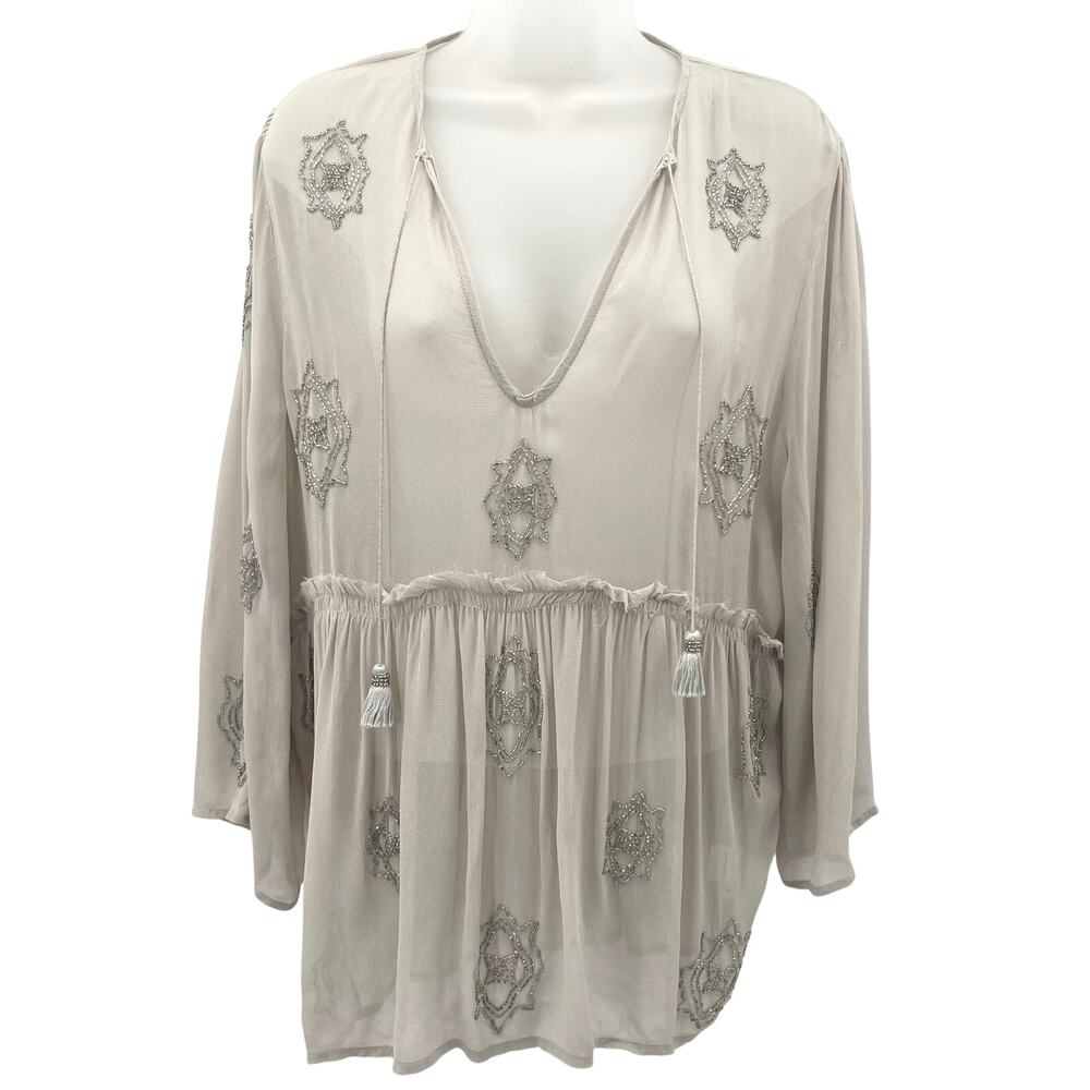 Chan Luu Beaded Sheer Top Womens Medium Light Beige Silver Flowy